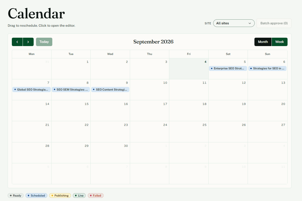 Quibo month calendar showing 30 scheduled articles, one per weekday slot, with draft, approved and published states.
