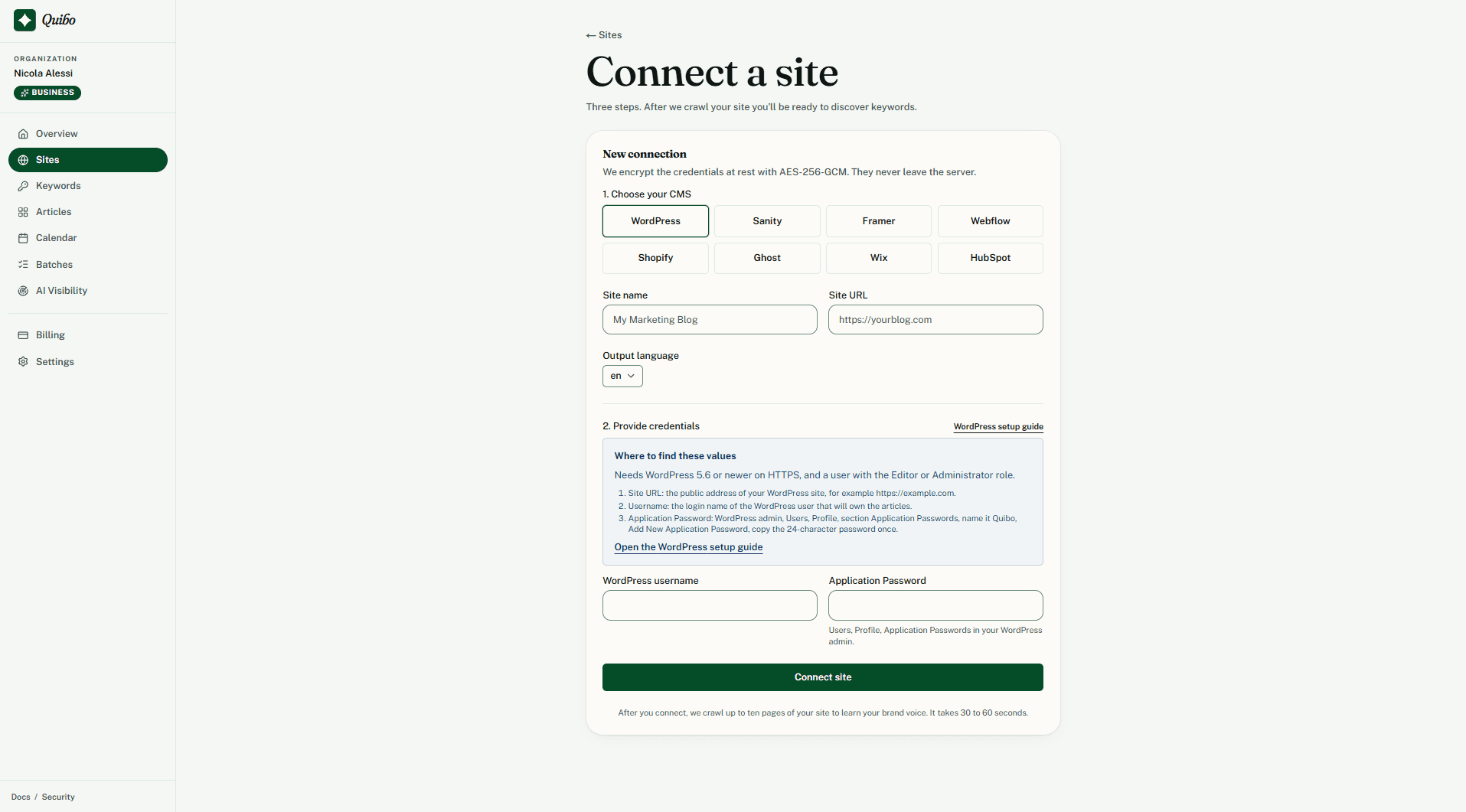 Quibo connect-a-site screen with the eight CMS options (WordPress, Shopify, Webflow, Wix, Ghost, HubSpot, Sanity, Framer) and the brand voice profile it built.