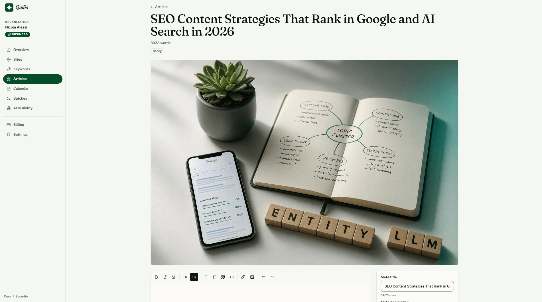 Quibo article editor with the approve button, SEO checks and the scheduled publish date.